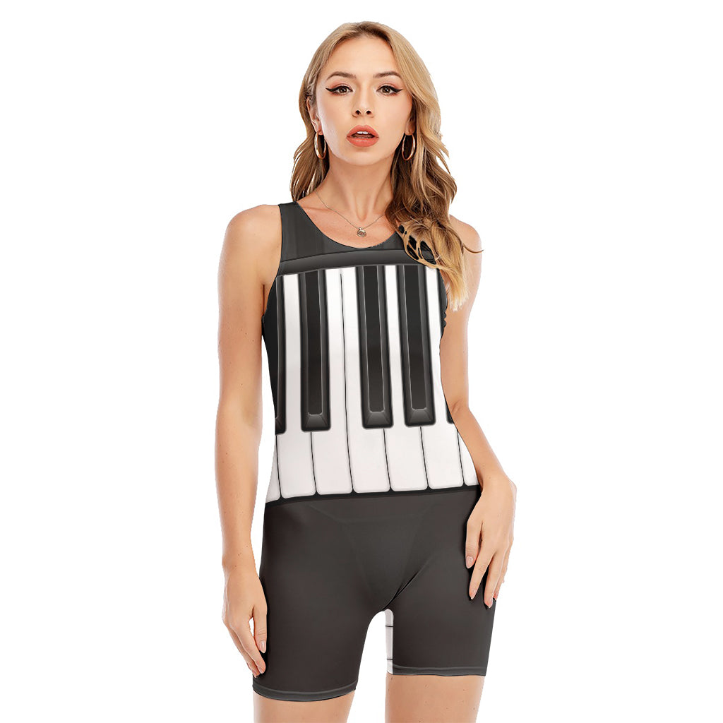 Piano Keyboard Print Sleeveless One Piece Swimsuit