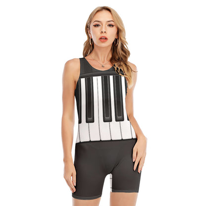 Piano Keyboard Print Sleeveless One Piece Swimsuit