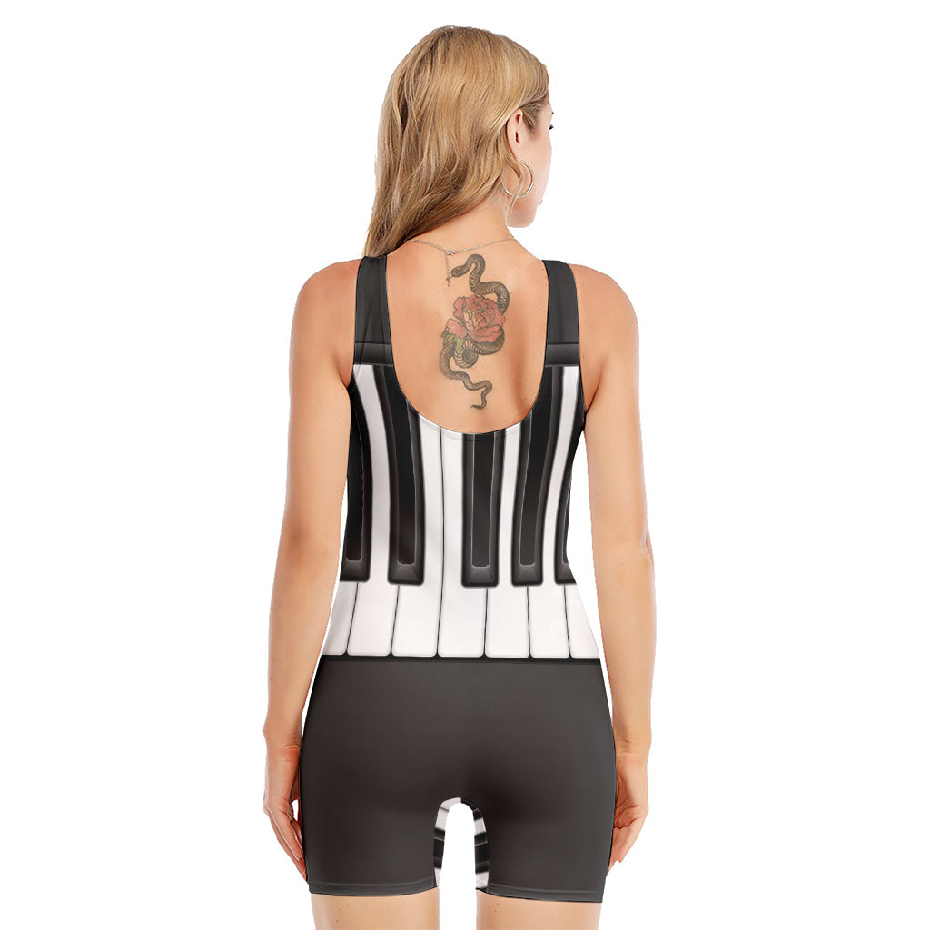 Piano Keyboard Print Sleeveless One Piece Swimsuit