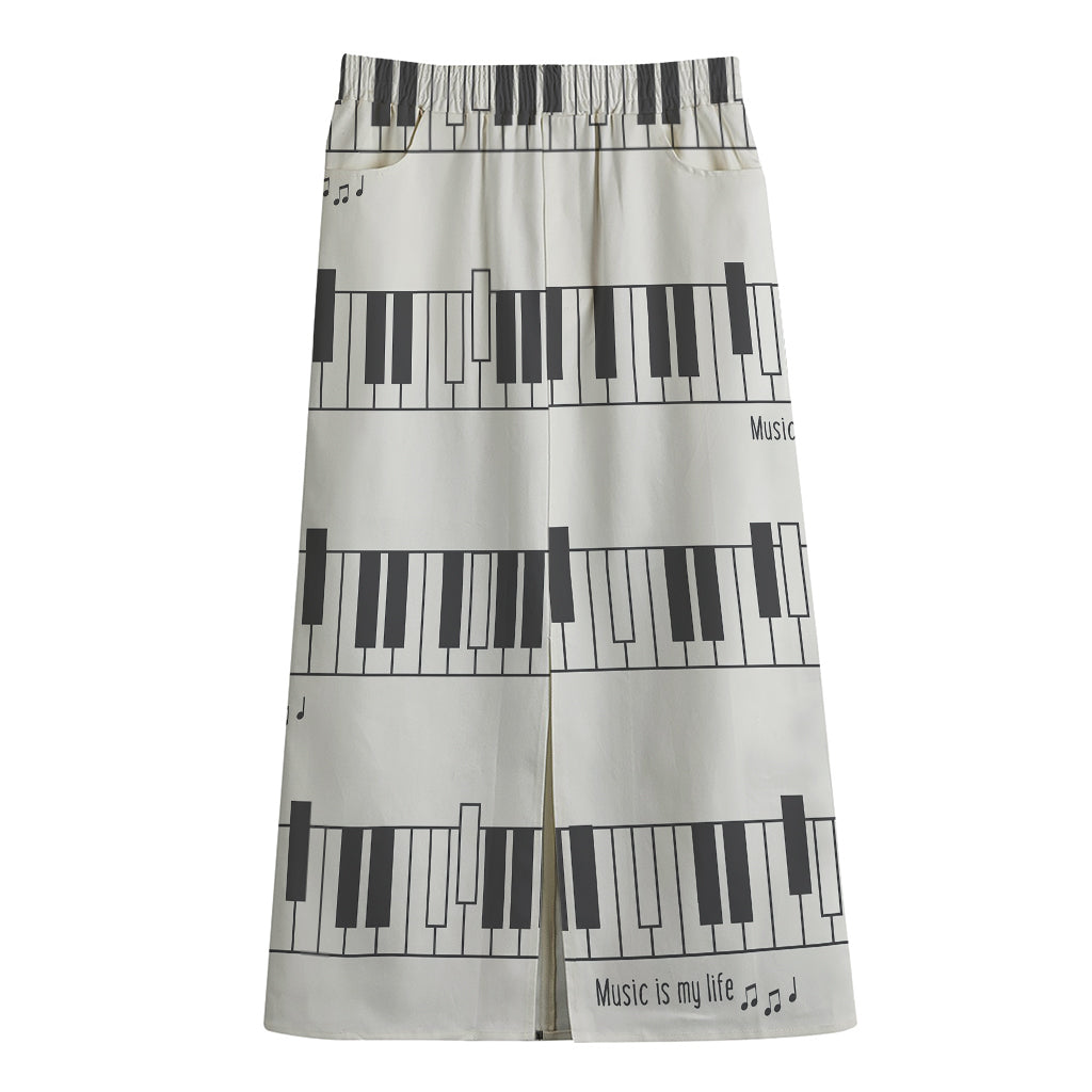 Piano Pattern Print Cotton Front Slit Maxi Skirt