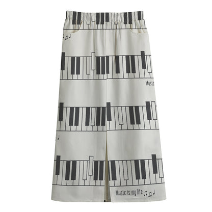 Piano Pattern Print Cotton Front Slit Maxi Skirt