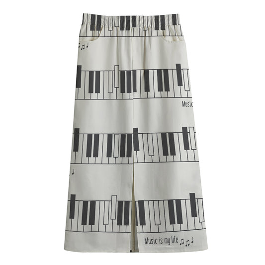 Piano Pattern Print Cotton Front Slit Maxi Skirt