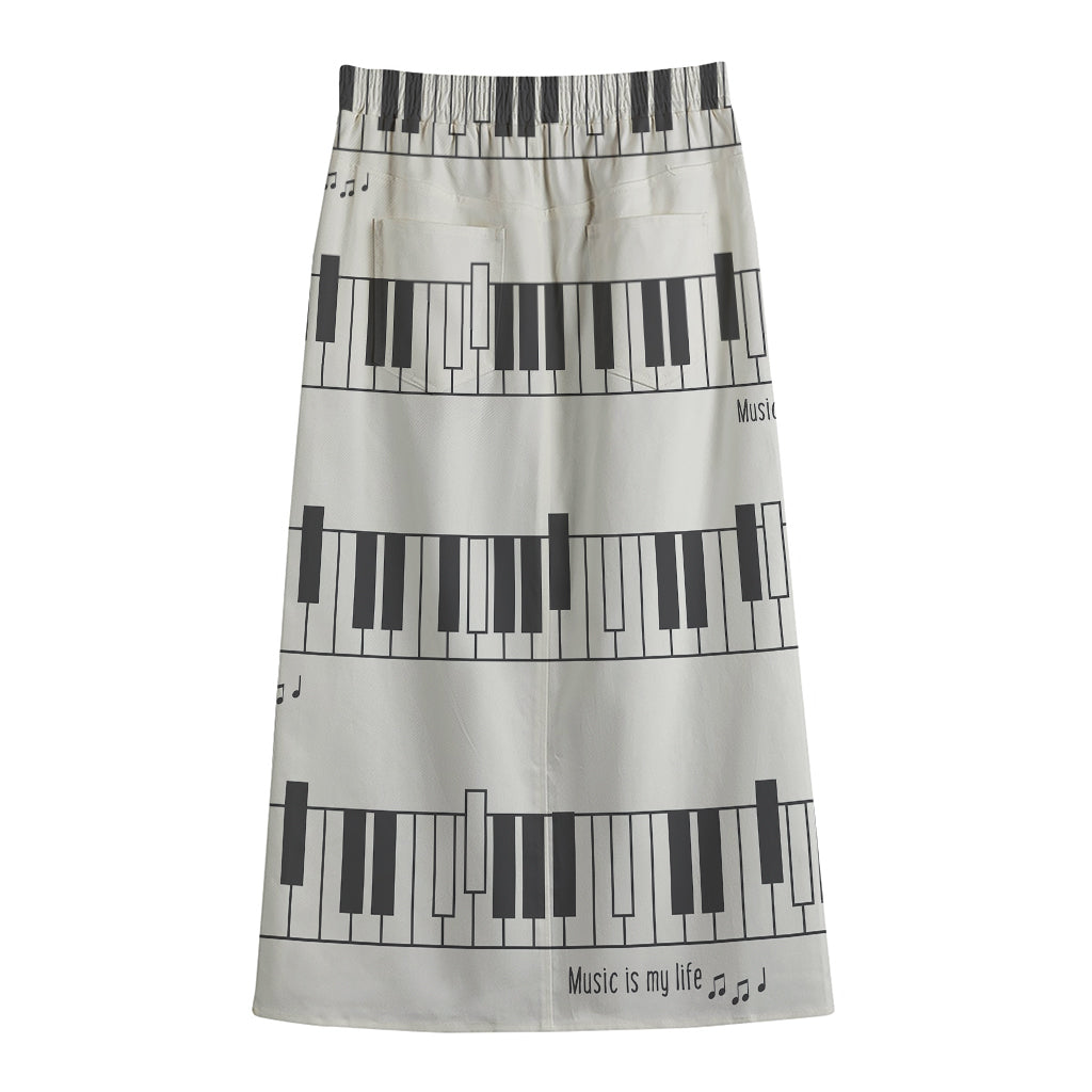 Piano Pattern Print Cotton Front Slit Maxi Skirt