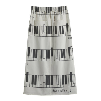 Piano Pattern Print Cotton Front Slit Maxi Skirt