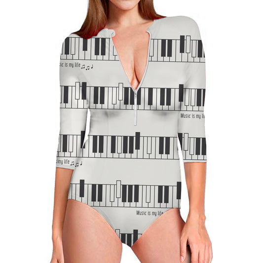Piano Pattern Print Long Sleeve Swimsuit