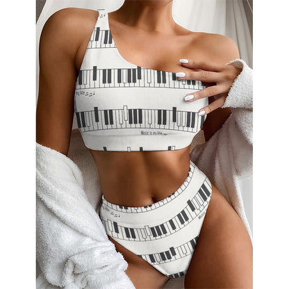 Piano Pattern Print One Shoulder Bikini Top