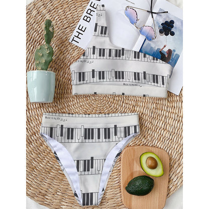 Piano Pattern Print One Shoulder Bikini Top