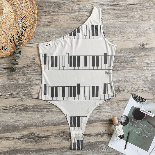Piano Pattern Print One Shoulder Bodysuit