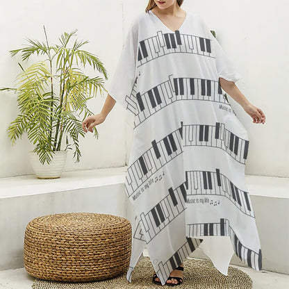 Piano Pattern Print Silk V-Neck Kaftan Dress