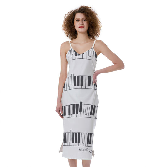 Piano Pattern Print Slim Fit Midi Cami Dress