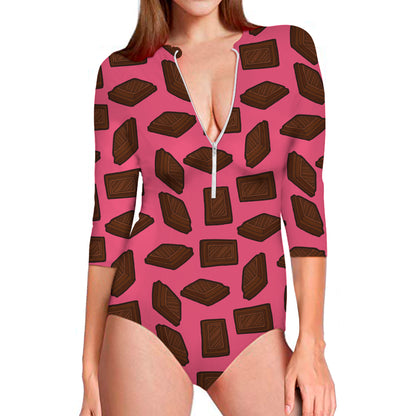 Pieces of Chocolate Pattern Print Long Sleeve Swimsuit