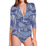 Pigeon Floral Bohemian Pattern Print Long Sleeve Swimsuit