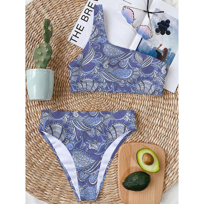 Pigeon Floral Bohemian Pattern Print One Shoulder Bikini Top