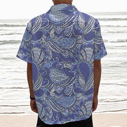 Pigeon Floral Bohemian Pattern Print Textured Short Sleeve Shirt