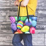 Pile Of Colorful Easter Eggs Print Leather Tote Bag