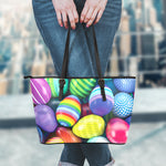 Pile Of Colorful Easter Eggs Print Leather Tote Bag