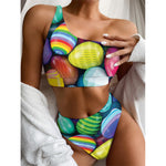 Pile Of Colorful Easter Eggs Print One Shoulder Bikini Top