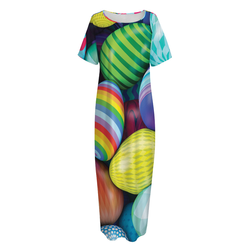 Pile Of Colorful Easter Eggs Print Short Sleeve Long Nightdress