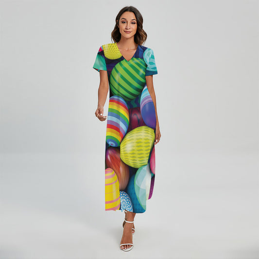 Pile Of Colorful Easter Eggs Print Short Sleeve Maxi Dress