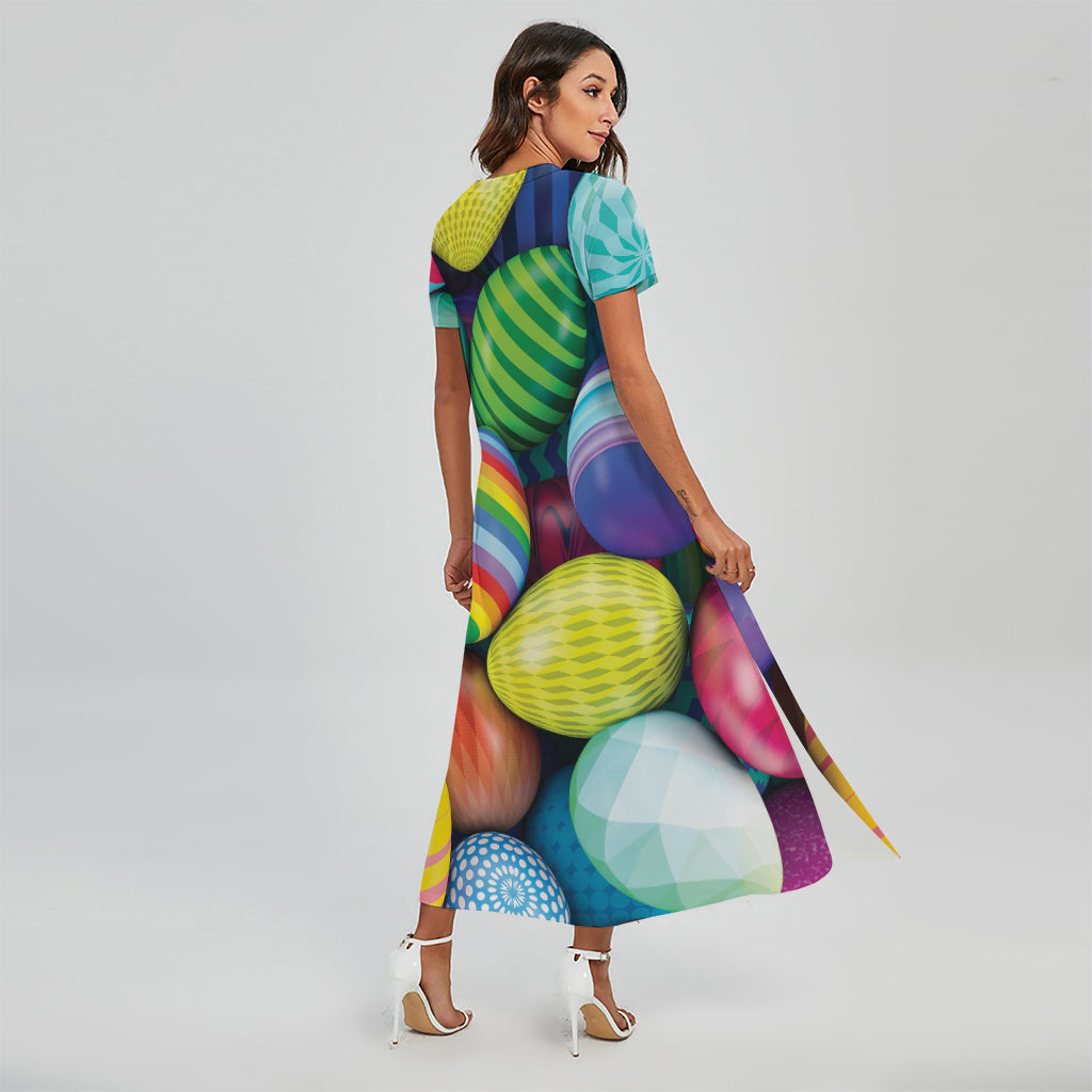 Pile Of Colorful Easter Eggs Print Short Sleeve Maxi Dress