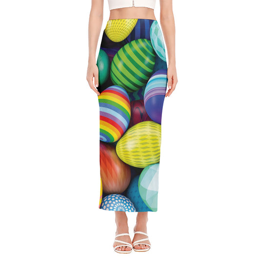 Pile Of Colorful Easter Eggs Print Side Slit Maxi Skirt