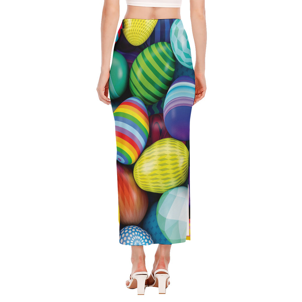 Pile Of Colorful Easter Eggs Print Side Slit Maxi Skirt