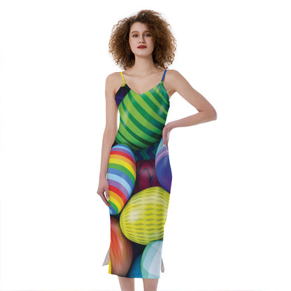 Pile Of Colorful Easter Eggs Print Slim Fit Midi Cami Dress