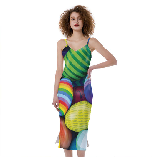Pile Of Colorful Easter Eggs Print Slim Fit Midi Cami Dress