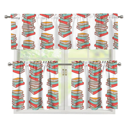 Pile Of Reading Books Pattern Print 3 Piece Kitchen Curtains