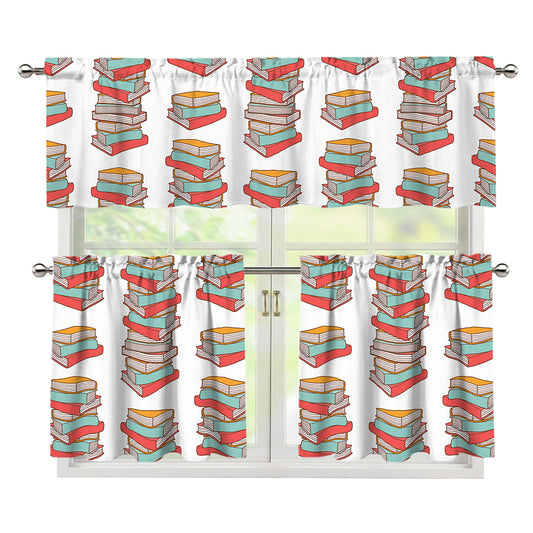 Pile Of Reading Books Pattern Print 3 Piece Kitchen Curtains