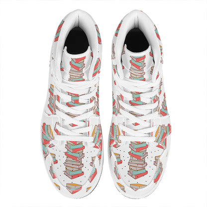 Pile Of Reading Books Pattern Print High Top Leather Sneakers