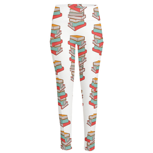 Pile Of Reading Books Pattern Print High-Waisted Pocket Leggings