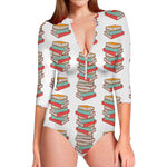 Pile Of Reading Books Pattern Print Long Sleeve Swimsuit