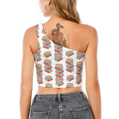 Pile Of Reading Books Pattern Print One Shoulder Crop Top