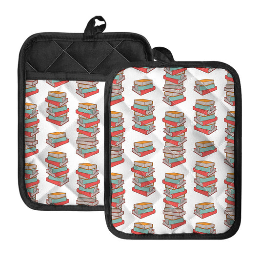 Pile Of Reading Books Pattern Print Pot Holders With Pocket