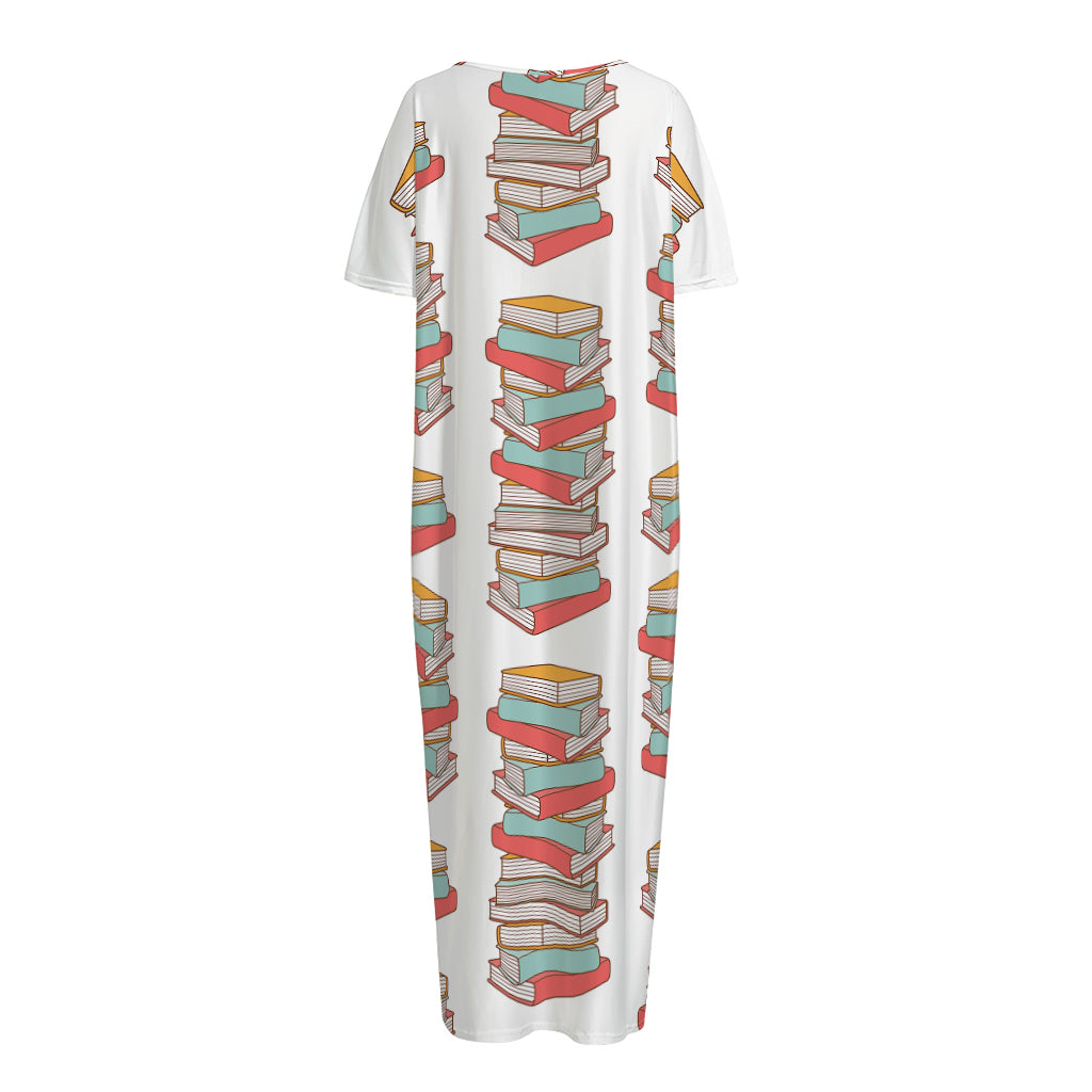 Pile Of Reading Books Pattern Print Short Sleeve Long Nightdress