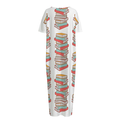 Pile Of Reading Books Pattern Print Short Sleeve Long Nightdress