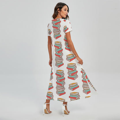 Pile Of Reading Books Pattern Print Short Sleeve Maxi Dress