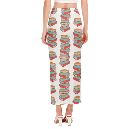 Pile Of Reading Books Pattern Print Side Slit Maxi Skirt