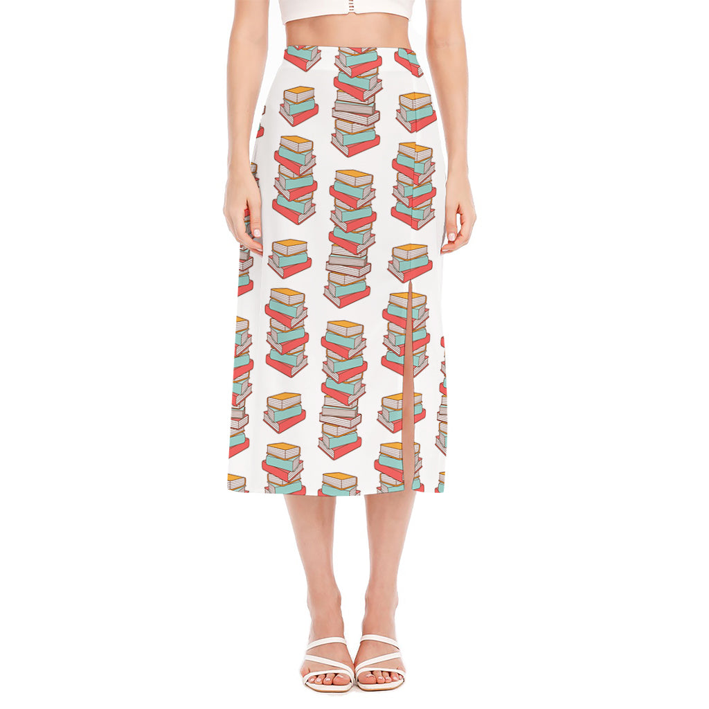 Pile Of Reading Books Pattern Print Side Slit Midi Skirt
