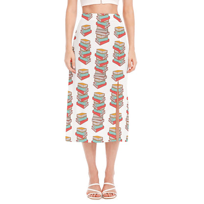 Pile Of Reading Books Pattern Print Side Slit Midi Skirt