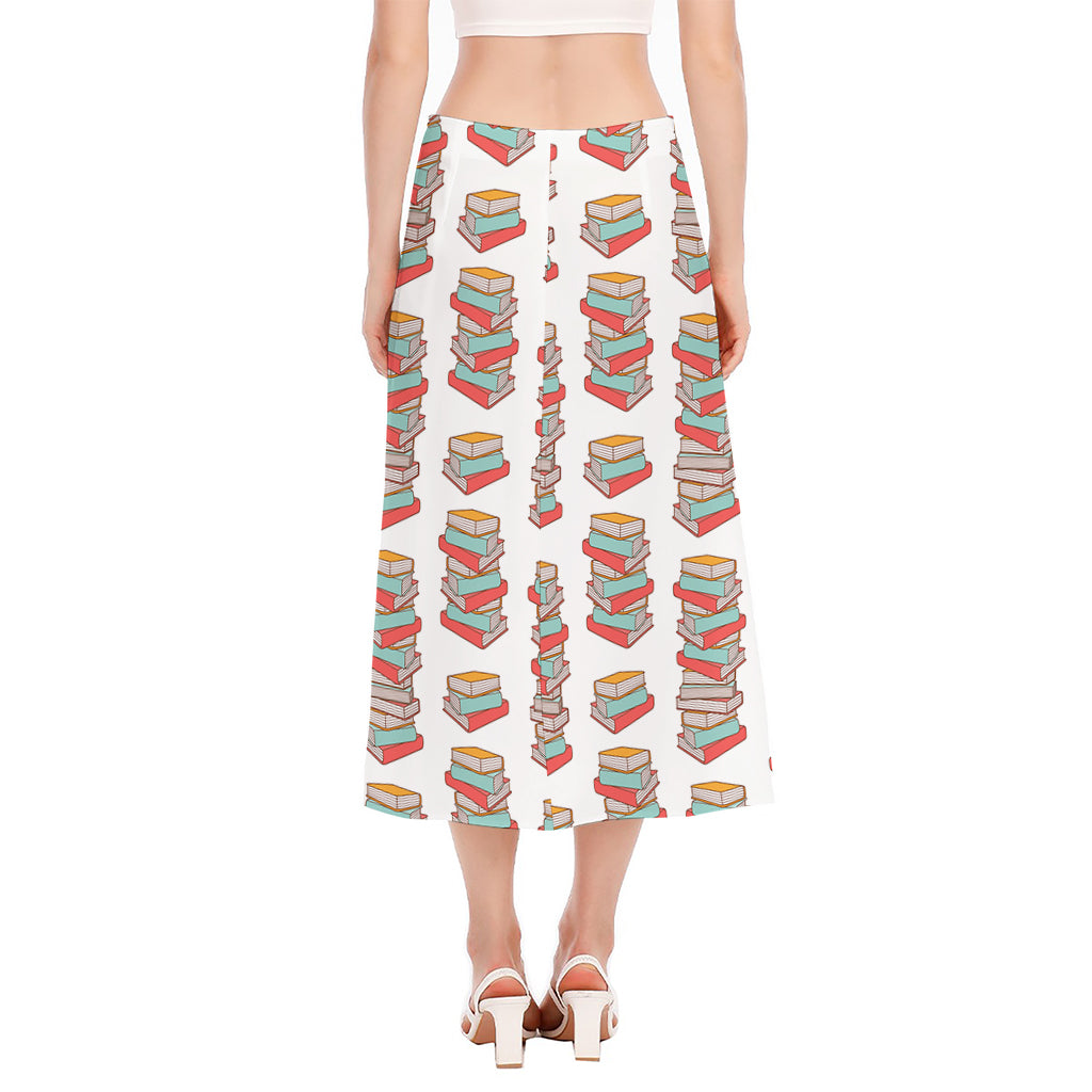 Pile Of Reading Books Pattern Print Side Slit Midi Skirt