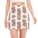 Pile Of Reading Books Pattern Print Side Slit Mini Skirt