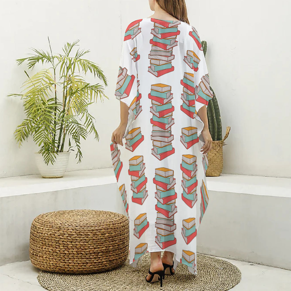 Pile Of Reading Books Pattern Print Silk V-Neck Kaftan Dress