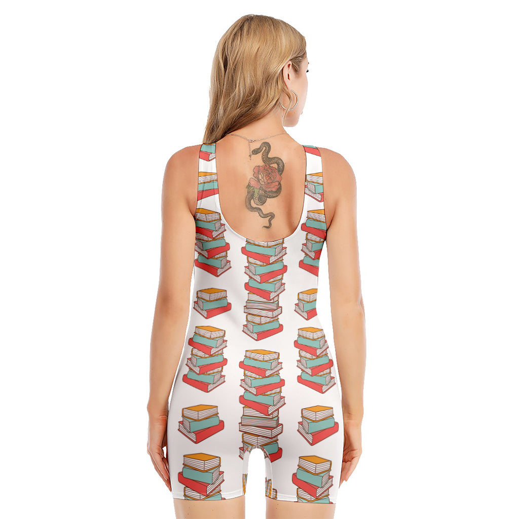 Pile Of Reading Books Pattern Print Sleeveless One Piece Swimsuit