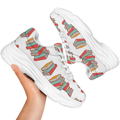 Pile Of Reading Books Pattern Print White Chunky Shoes