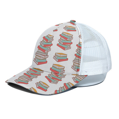 Pile Of Reading Books Pattern Print White Mesh Trucker Cap