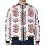 Pile Of Reading Books Pattern Print Zip Sleeve Bomber Jacket