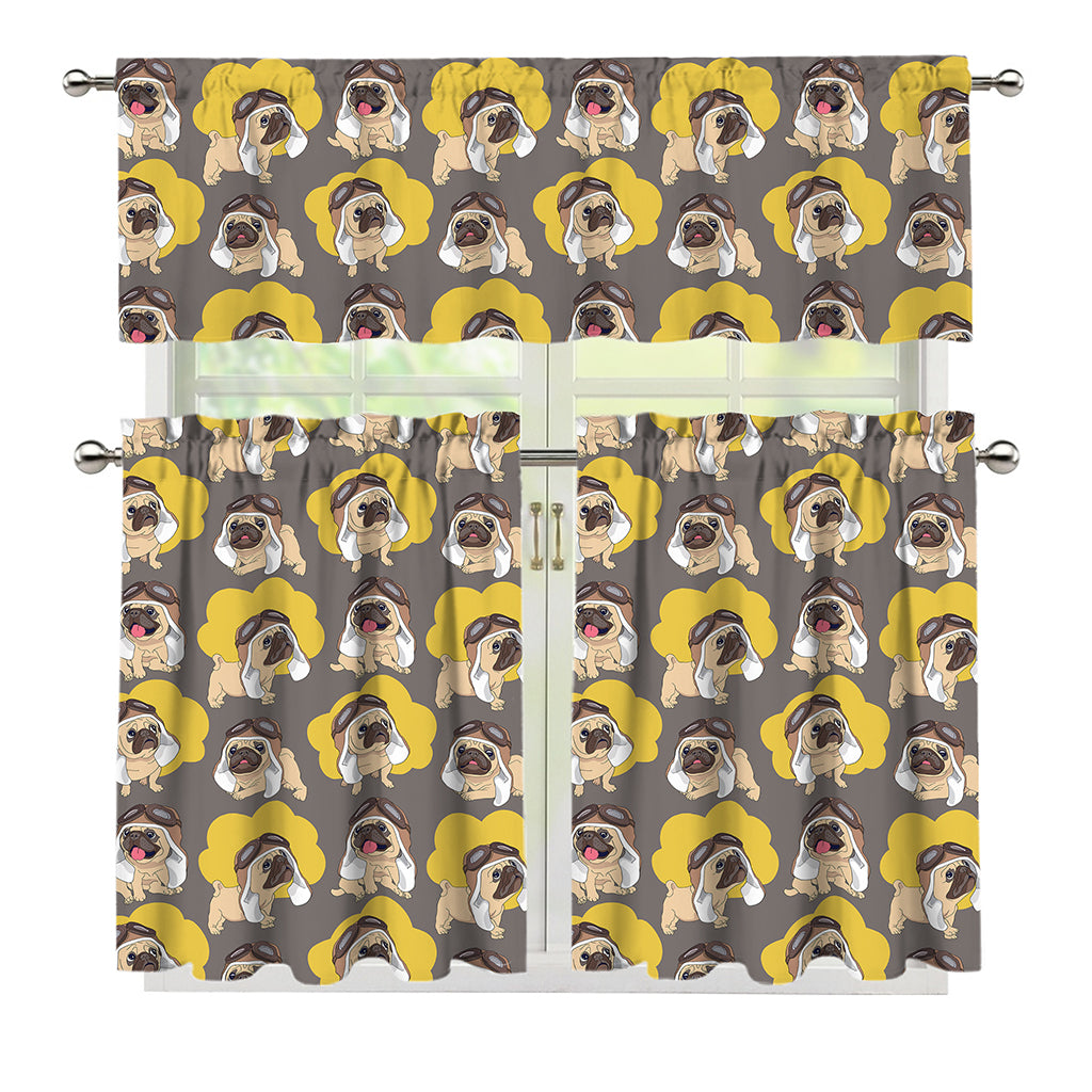 Pilot Pug Pattern Print 3 Piece Kitchen Curtains