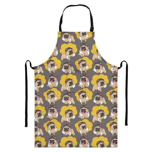 Pilot Pug Pattern Print Bib Apron With Pocket